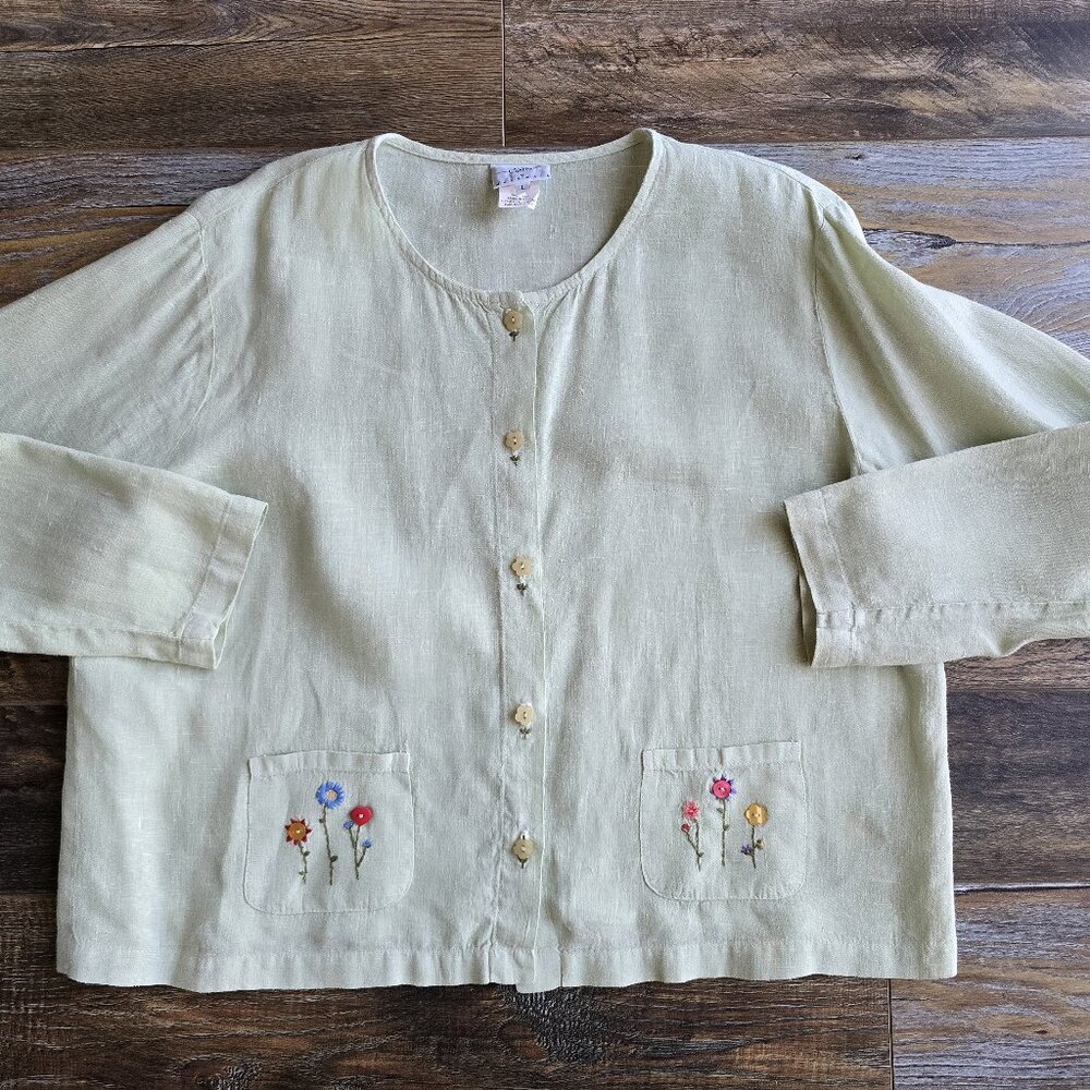 Vintage Hot Cotton by Marc Ware Embroidered Linen Lagenlook Top Button Green - Picture 3 of 12